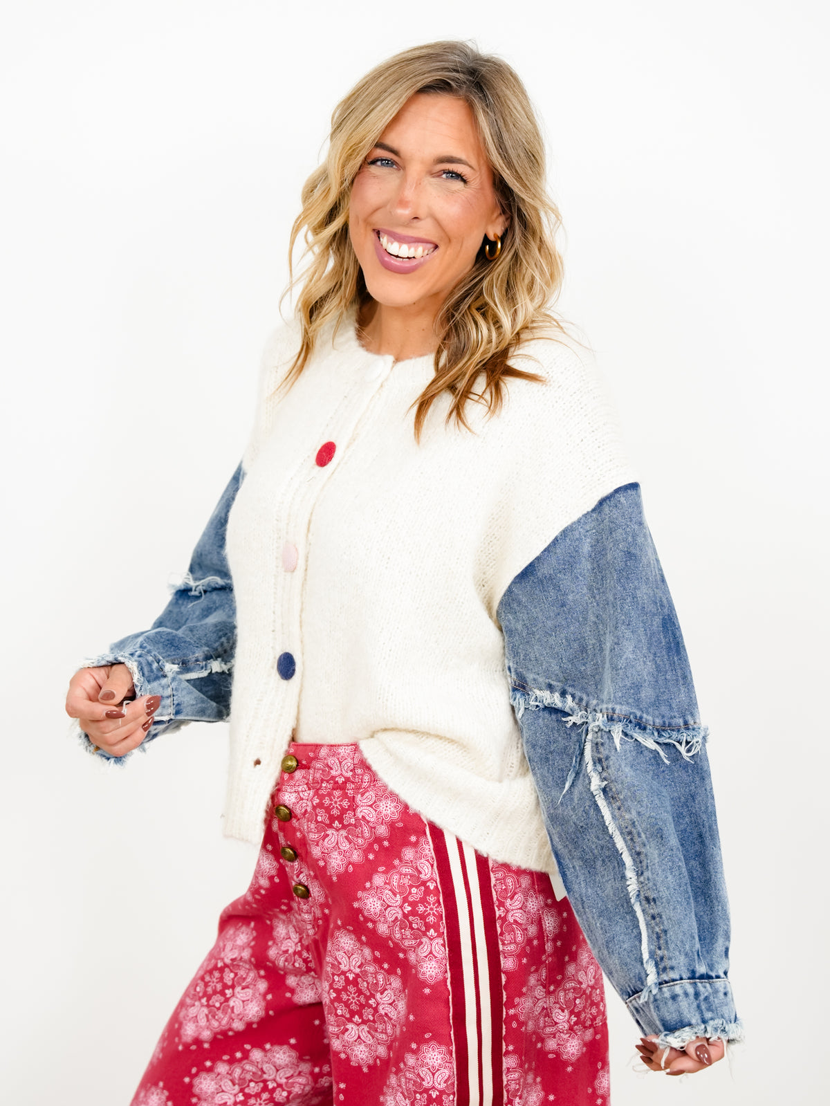 Plus/Reg Contrast Sleeve Multi Color Buttons Solid Knit Cardigan