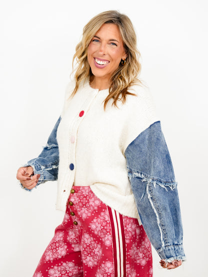 Plus/Reg Contrast Sleeve Multi Color Buttons Solid Knit Cardigan