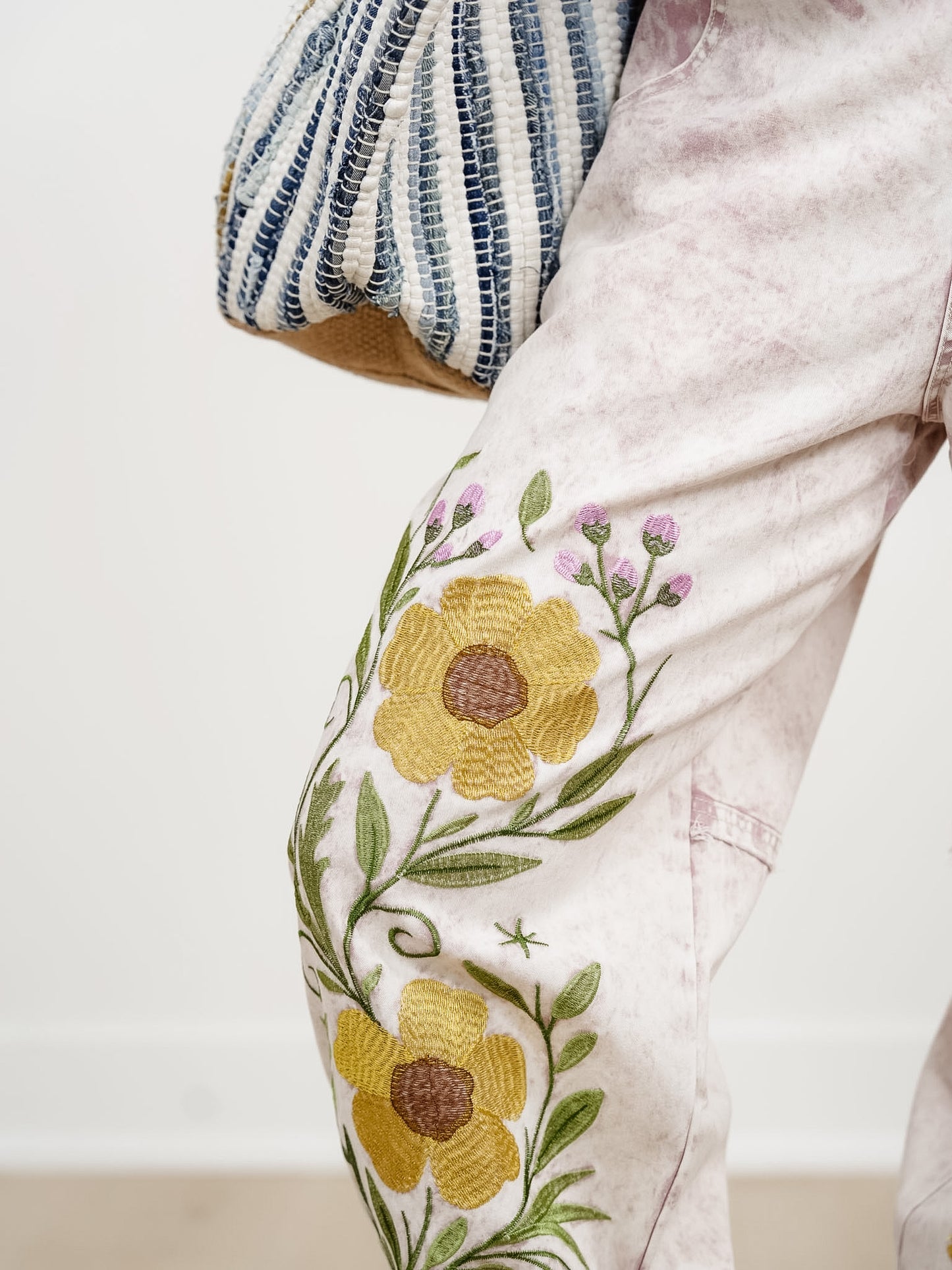 POL Vintage Wash Floral Embroidery Button Fly Jogger Pants - Freckled Poppy