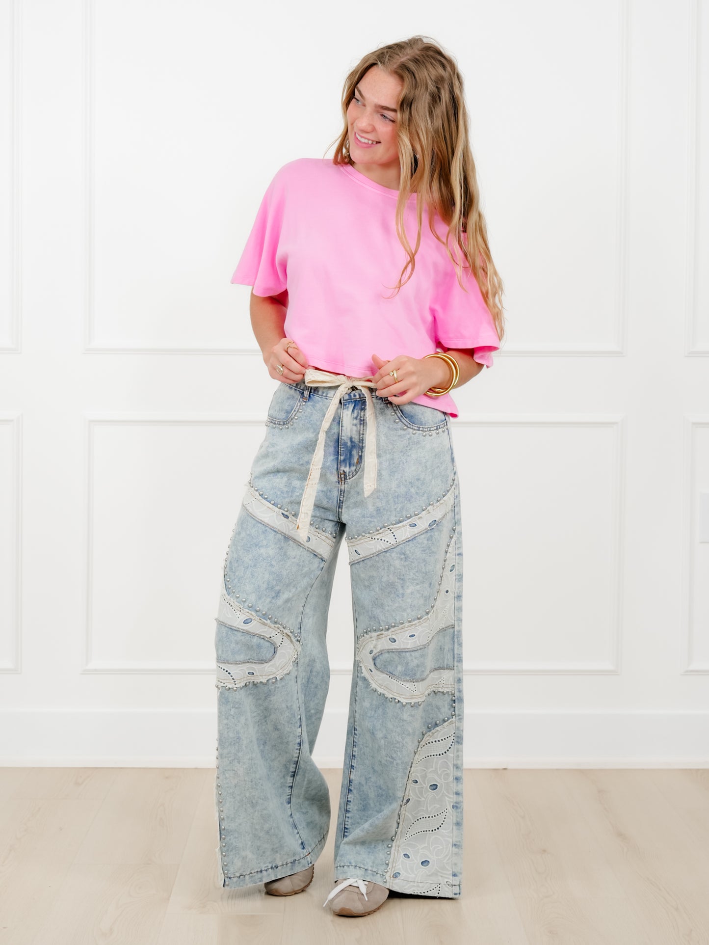 POL Light Wash Wide Leg Pants with Patchwork