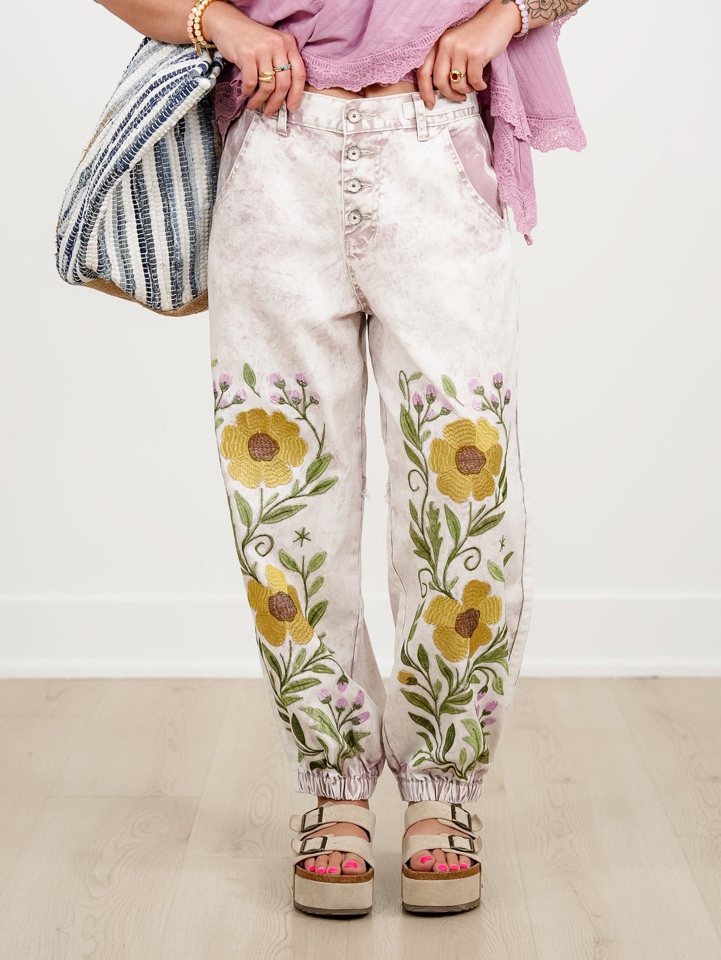 POL Vintage Wash Floral Embroidery Button Fly Jogger Pants - Freckled Poppy