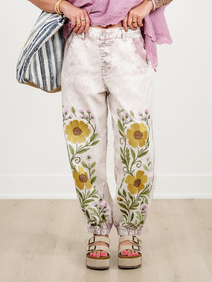 POL Vintage Wash Floral Embroidery Button Fly Jogger Pants - Freckled Poppy