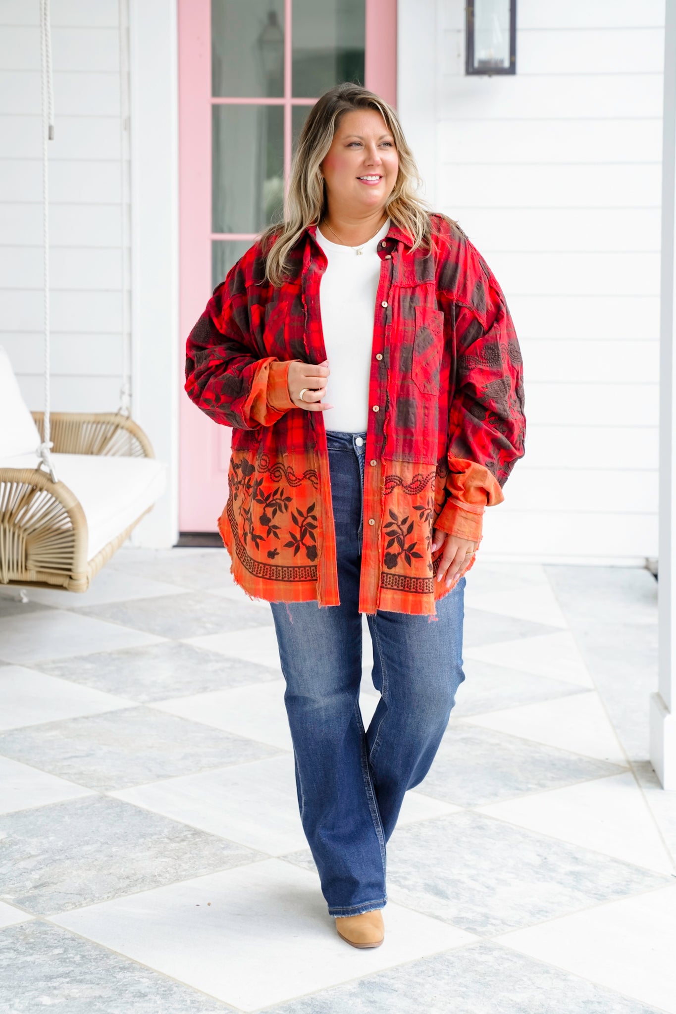 Flannel Dip Dyed Shirt with Floral Embroidery Detail