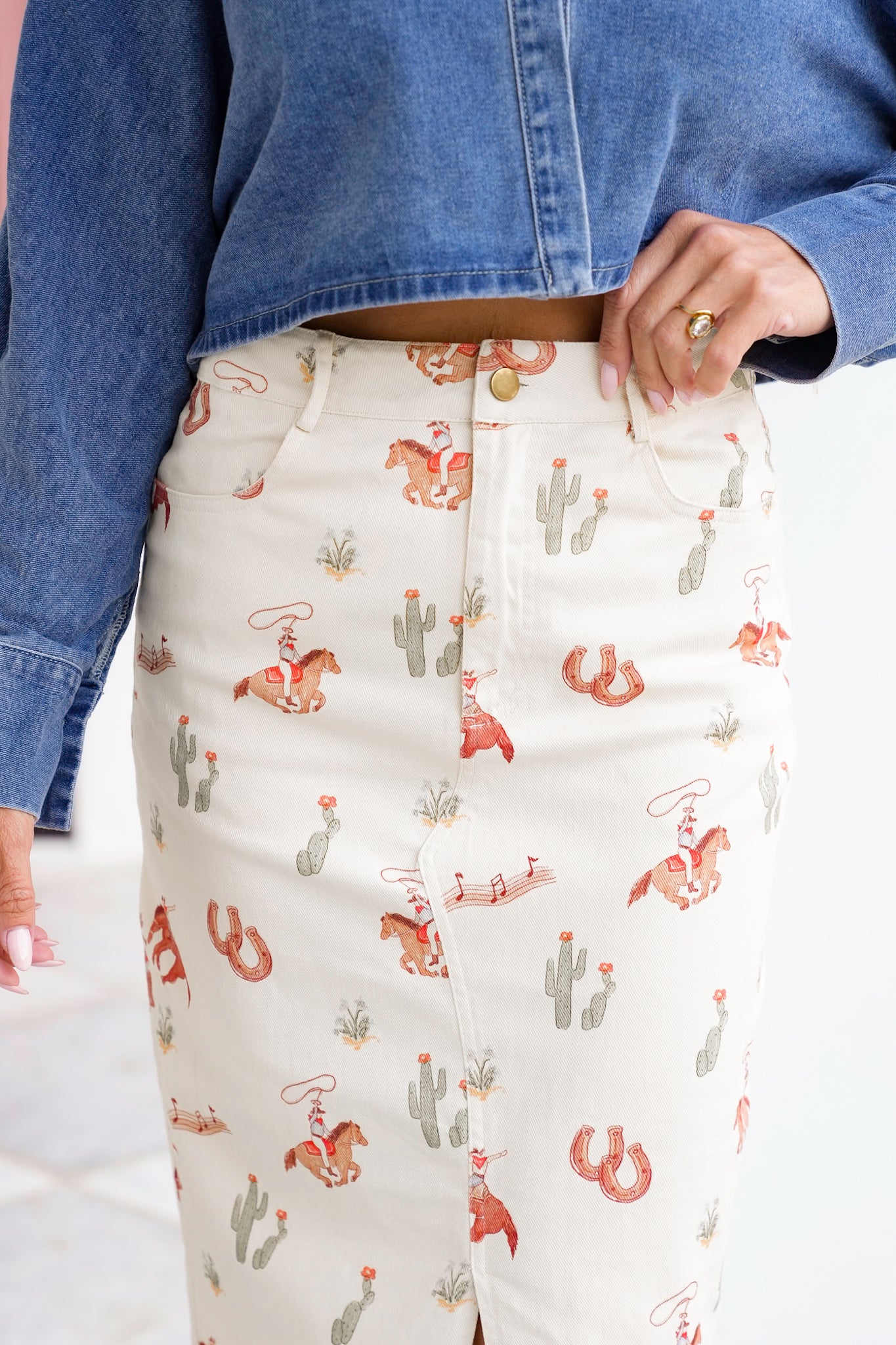 Western Print Maxi Skirt with Front Slit