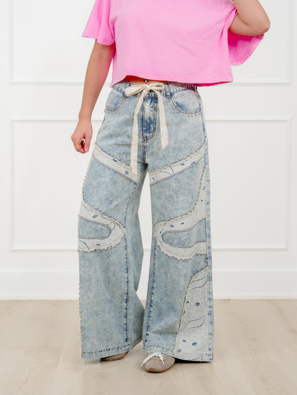 POL Light Wash Wide Leg Pants with Patchwork