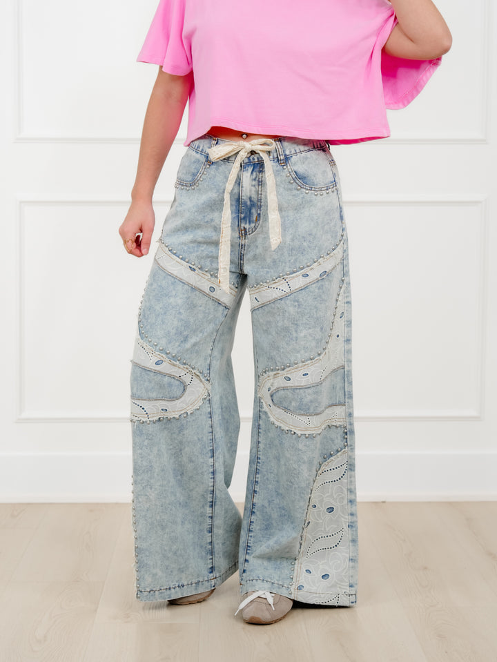 POL Light Wash Wide Leg Pants with Patchwork