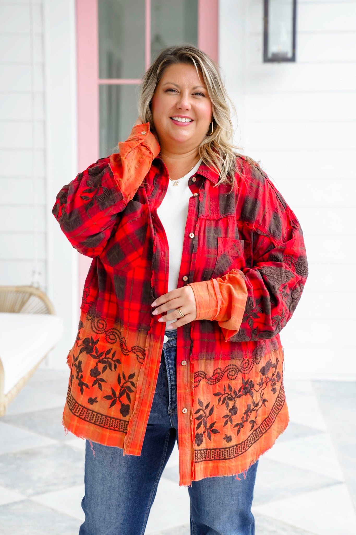 Flannel Dip Dyed Shirt with Floral Embroidery Detail