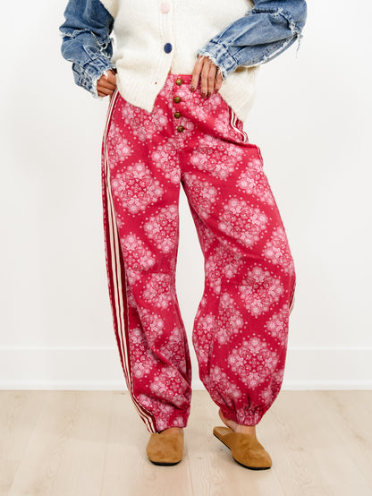 POL Paisley Print Button Fly Jogger Pants with Side Stripe