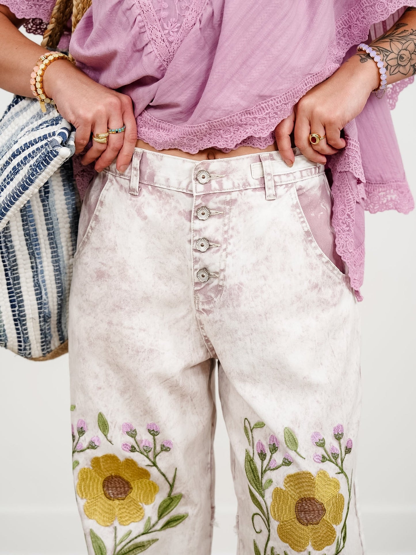 POL Vintage Wash Floral Embroidery Button Fly Jogger Pants - Freckled Poppy