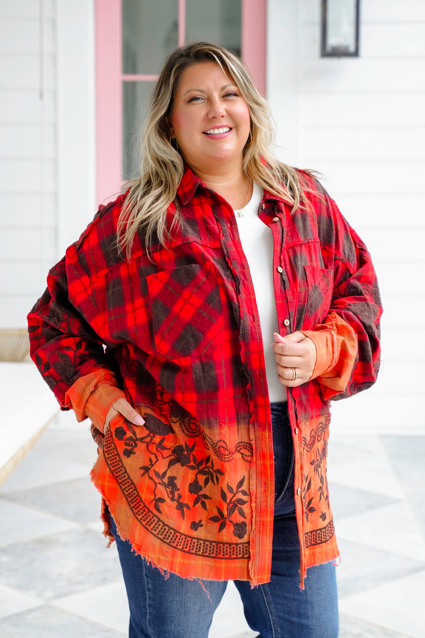 Flannel Dip Dyed Shirt with Floral Embroidery Detail