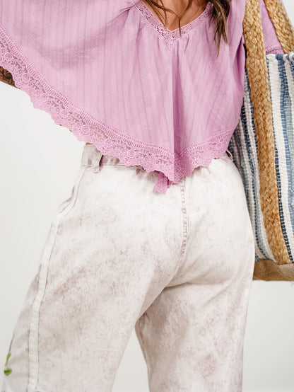 POL Vintage Wash Floral Embroidery Button Fly Jogger Pants - Freckled Poppy