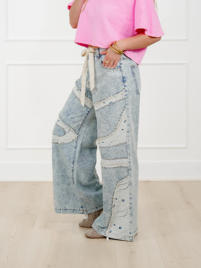POL Light Wash Wide Leg Pants with Patchwork