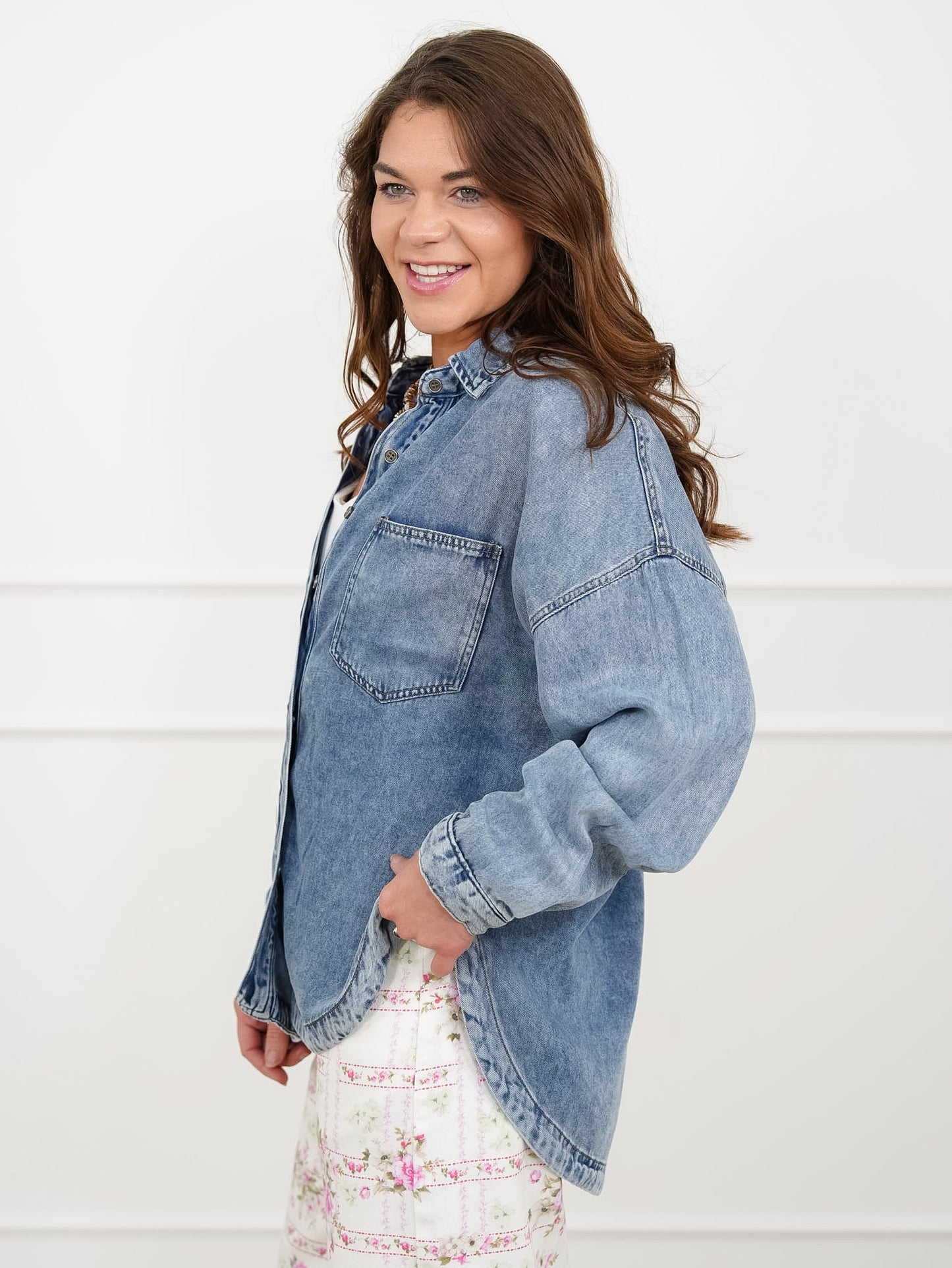 Plus/Reg Chambray Long Sleeve Button Down Shacket