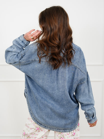 Plus/Reg Chambray Long Sleeve Button Down Shacket