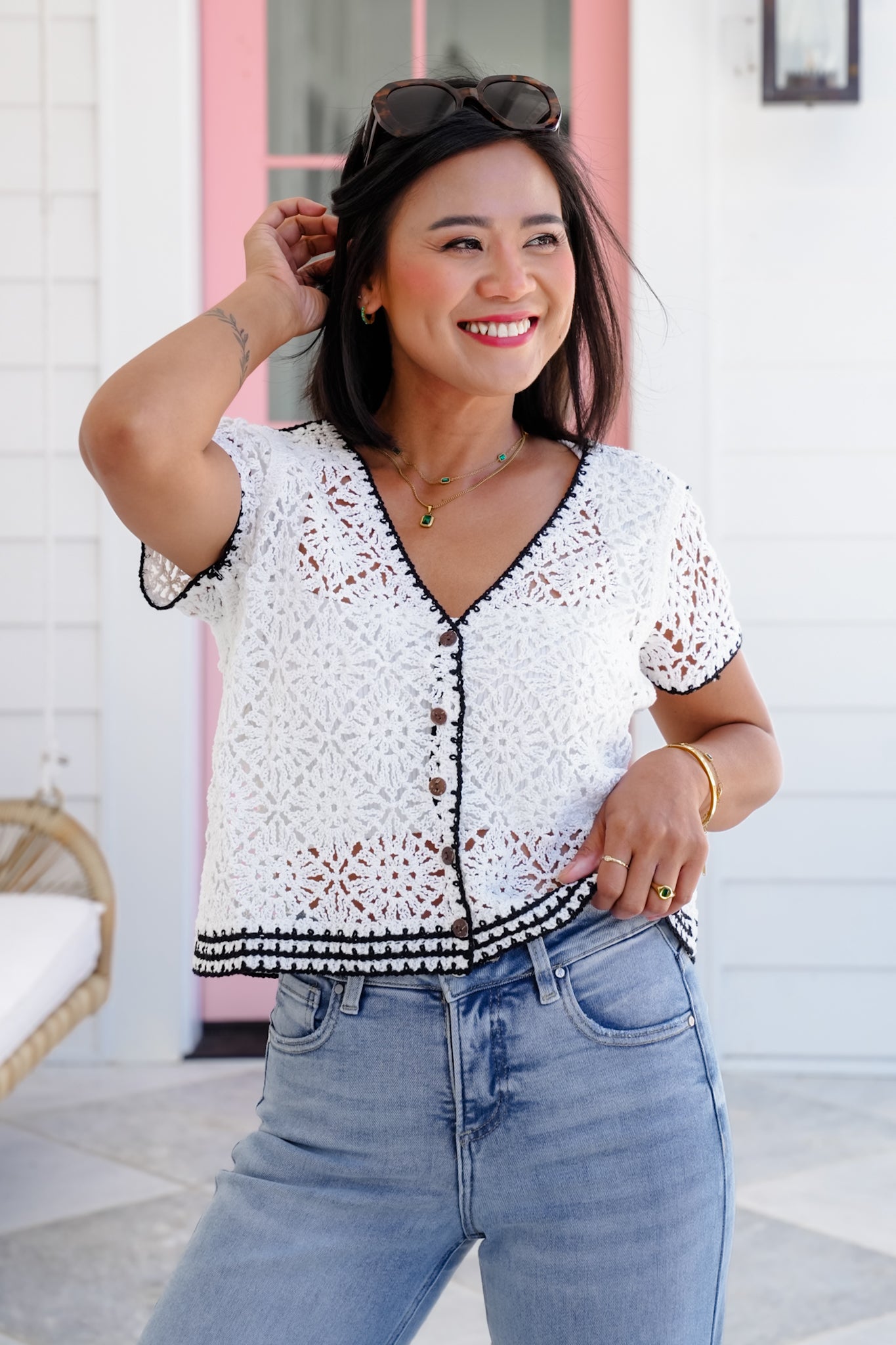 Crochet Short Sleeve V Neck Button Down Cardigan