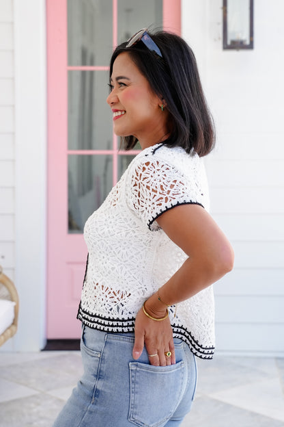 Crochet Short Sleeve V Neck Button Down Cardigan