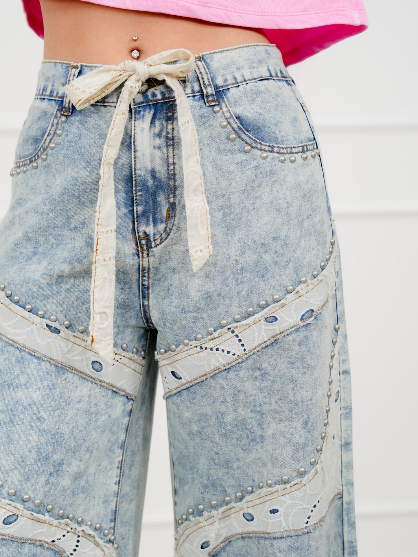 POL Light Wash Wide Leg Pants with Patchwork