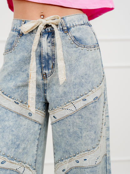 POL Light Wash Wide Leg Pants with Patchwork