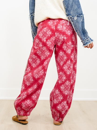 POL Paisley Print Button Fly Jogger Pants with Side Stripe