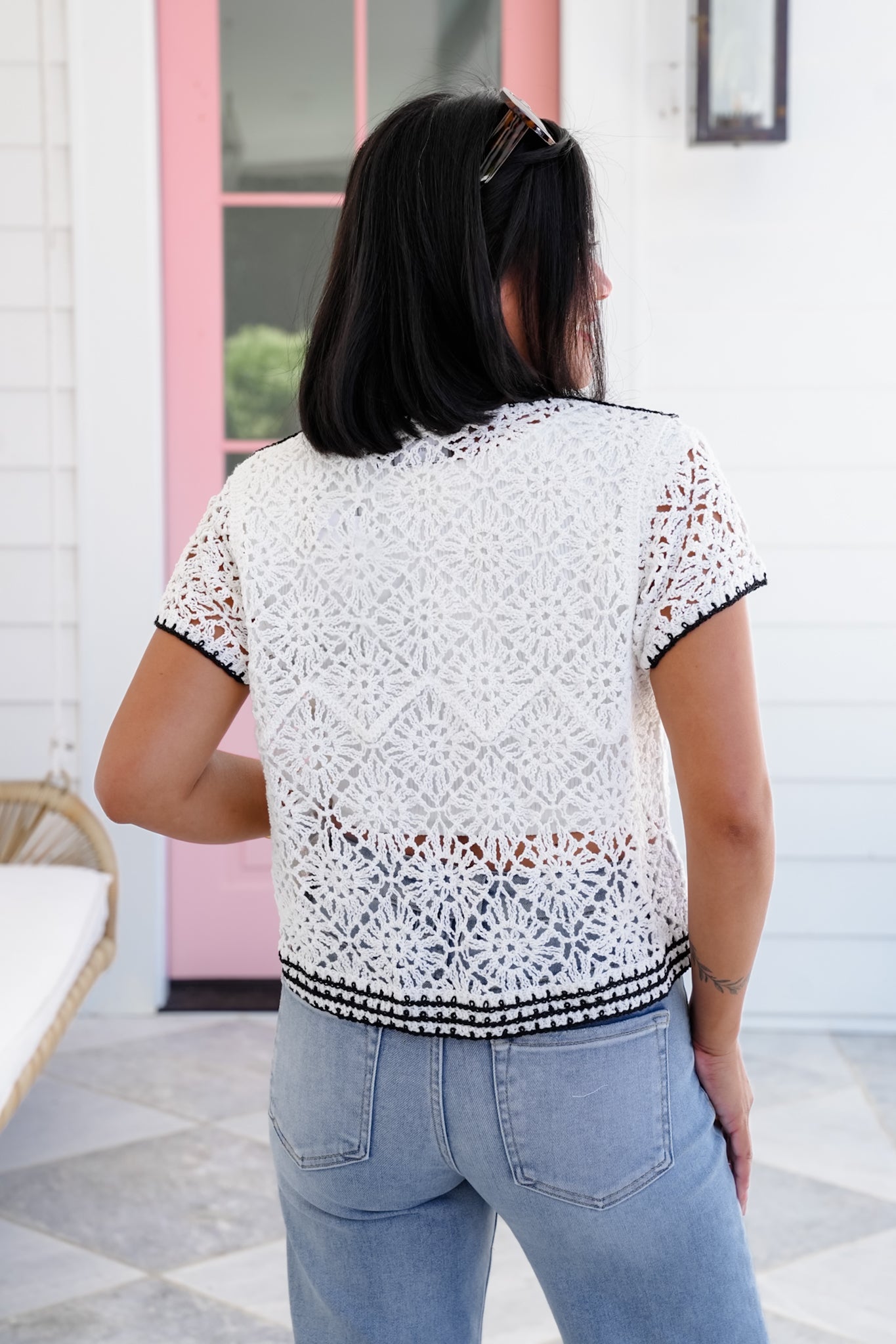 Crochet Short Sleeve V Neck Button Down Cardigan