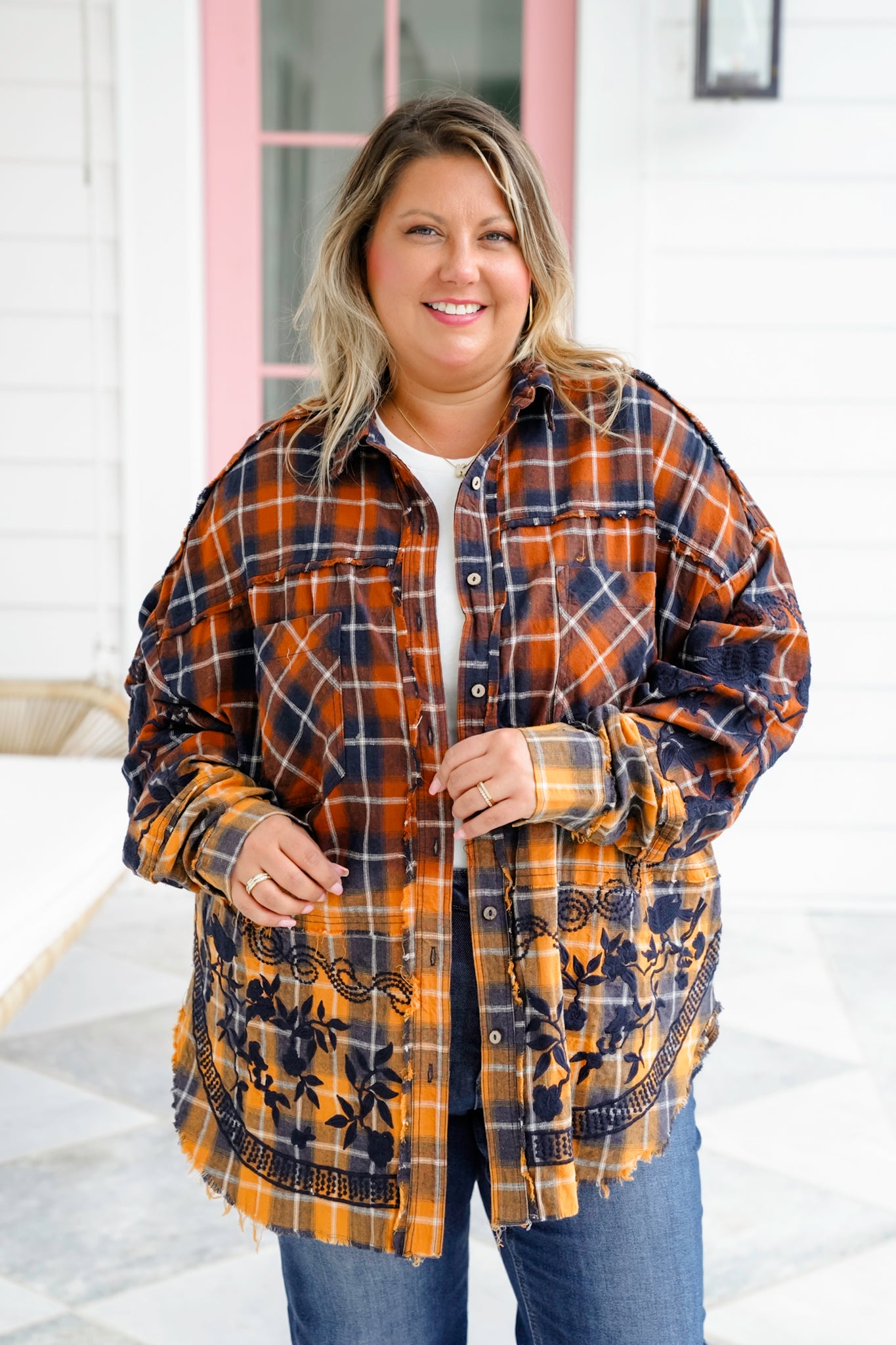 Flannel Dip Dyed Shirt with Floral Embroidery Detail