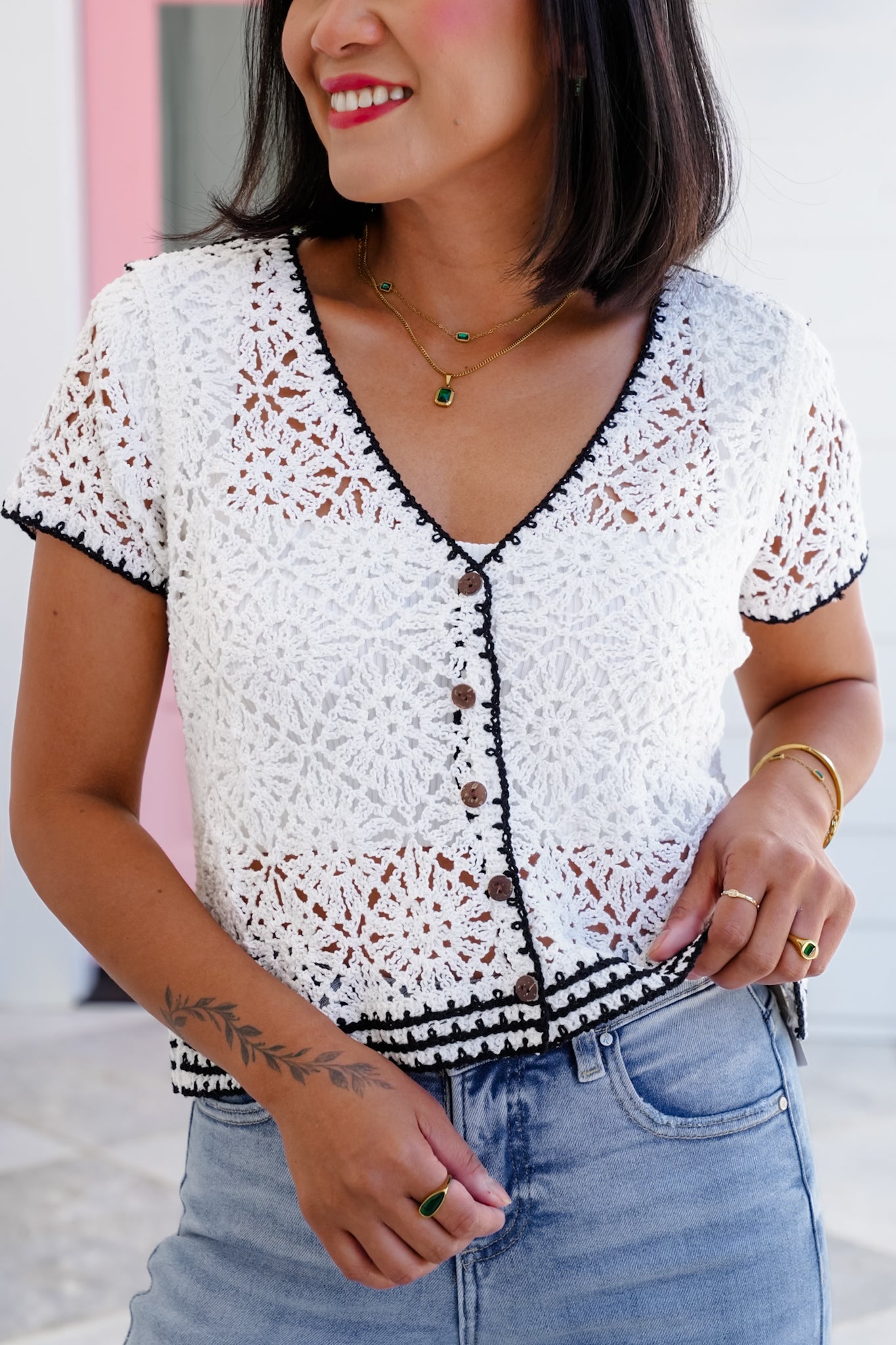 Crochet Short Sleeve V Neck Button Down Cardigan
