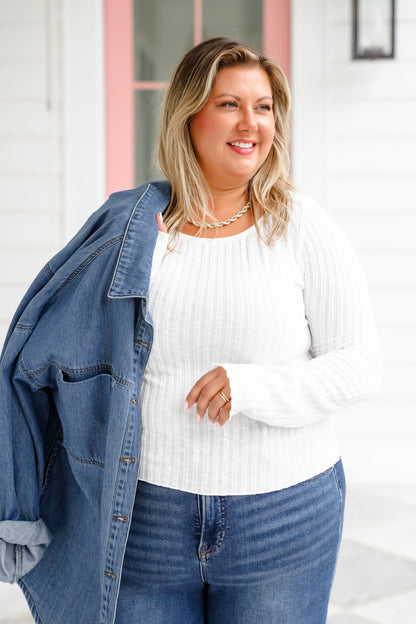 Plus/Reg White Textured Sheer Long Sleeve Boatneck Top