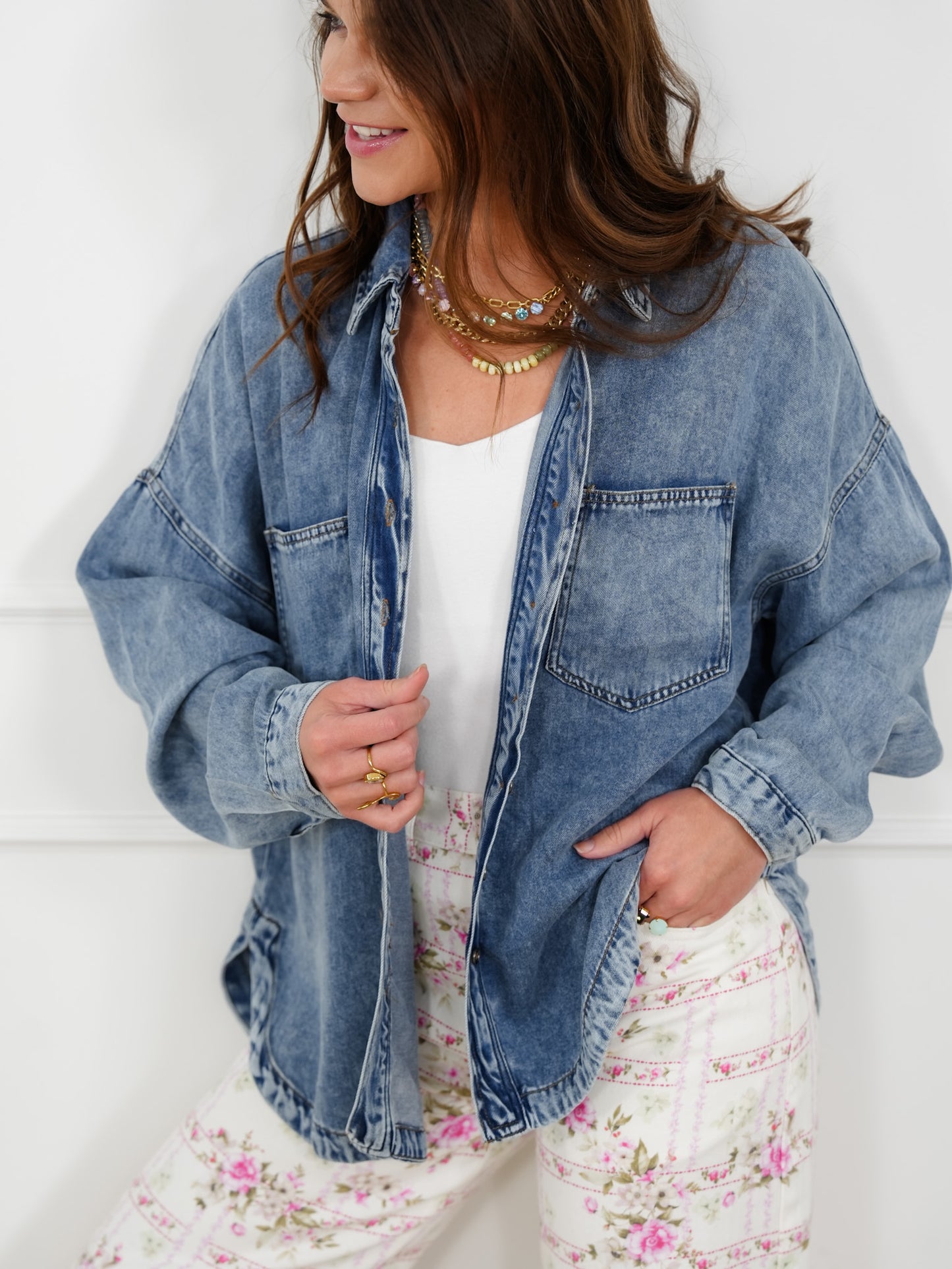 Plus/Reg Chambray Long Sleeve Button Down Shacket