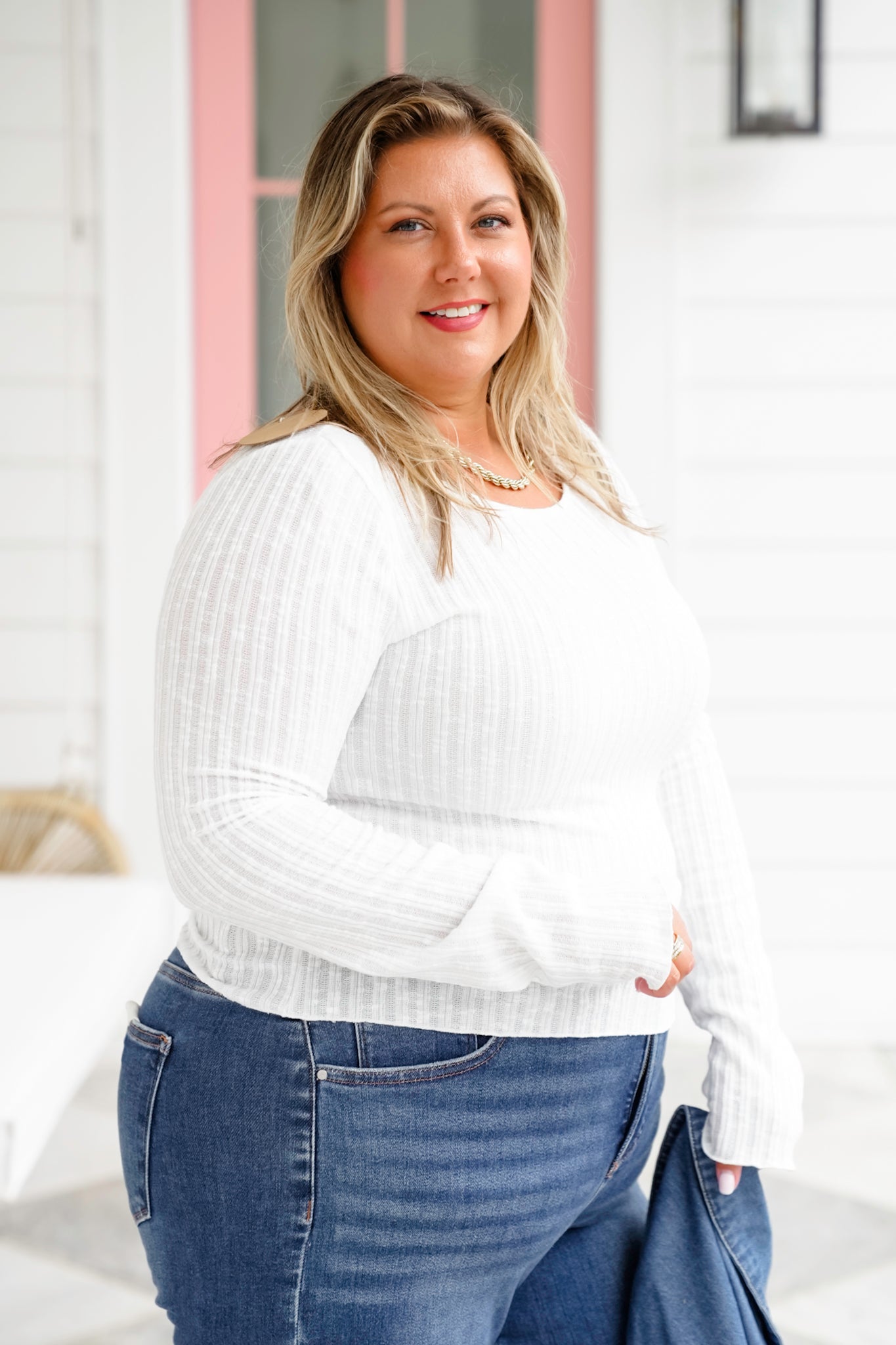 Plus/Reg White Textured Sheer Long Sleeve Boatneck Top