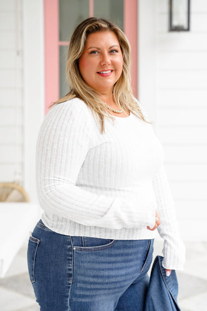 Plus/Reg White Textured Sheer Long Sleeve Boatneck Top