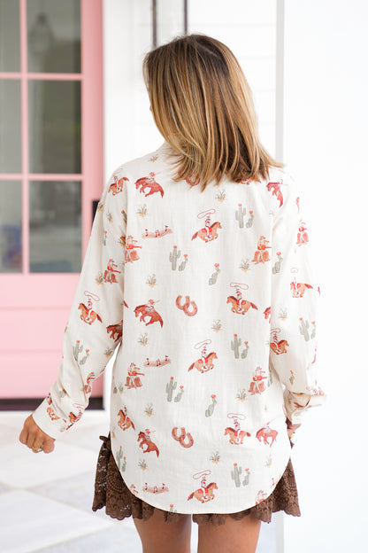 Western Print Long Sleeve Button Down Top