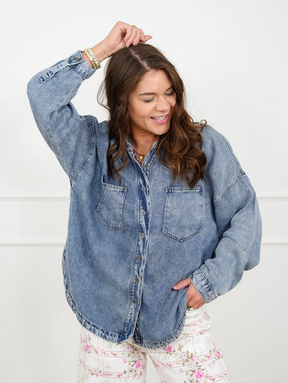 Plus/Reg Chambray Long Sleeve Button Down Shacket