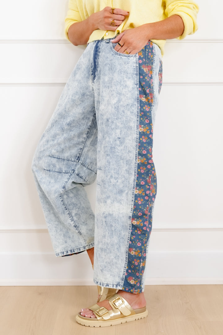 POL Light Wash Barrel Pants with Floral Contrast