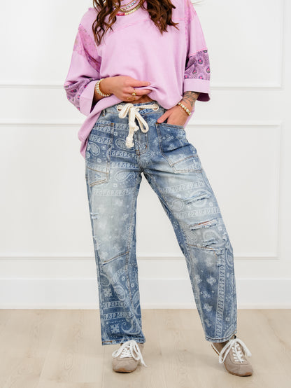 Paisley Print Barrel Pants With Distressing