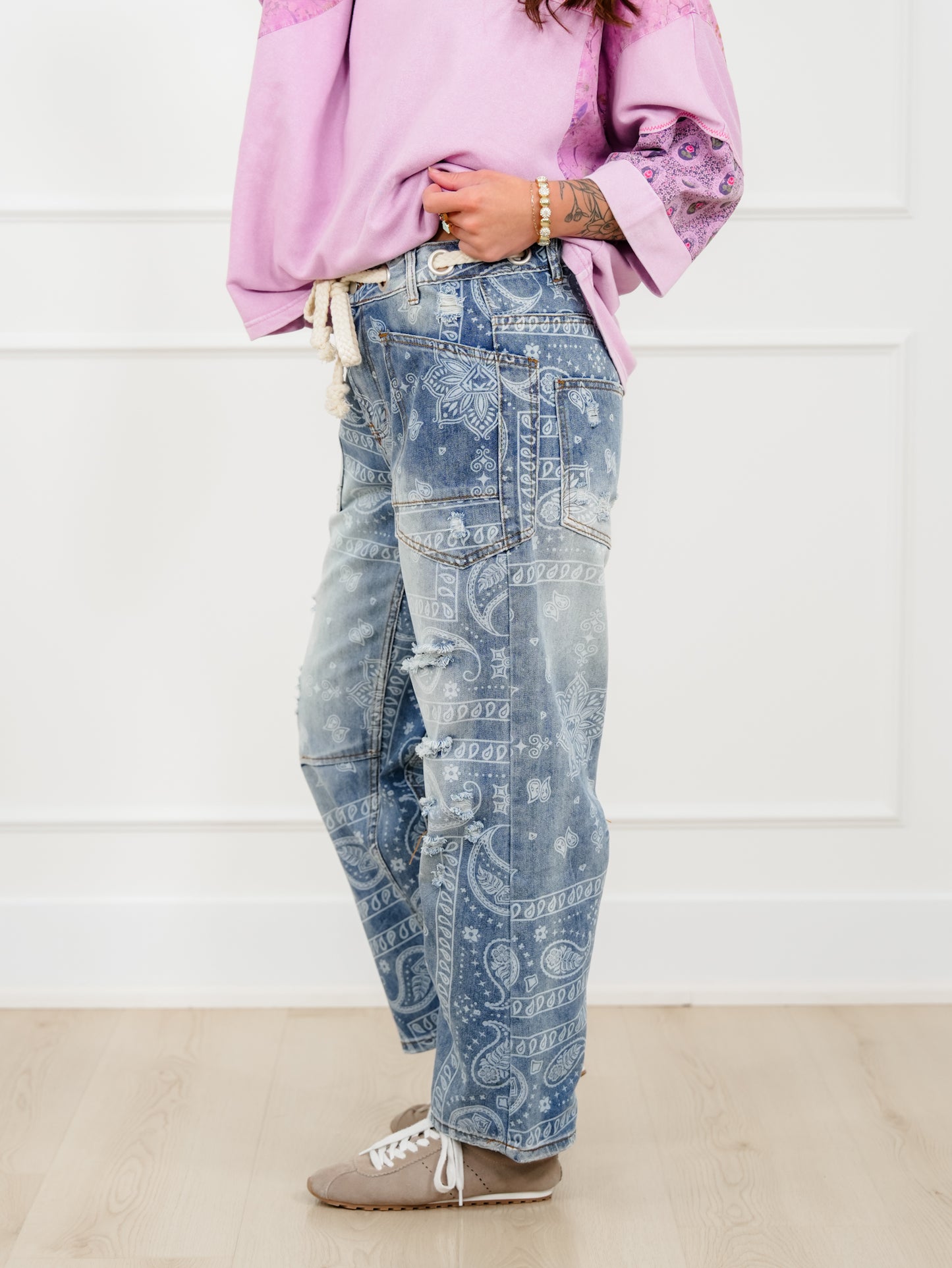 Paisley Print Barrel Pants With Distressing