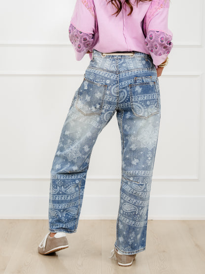 Paisley Print Barrel Pants With Distressing