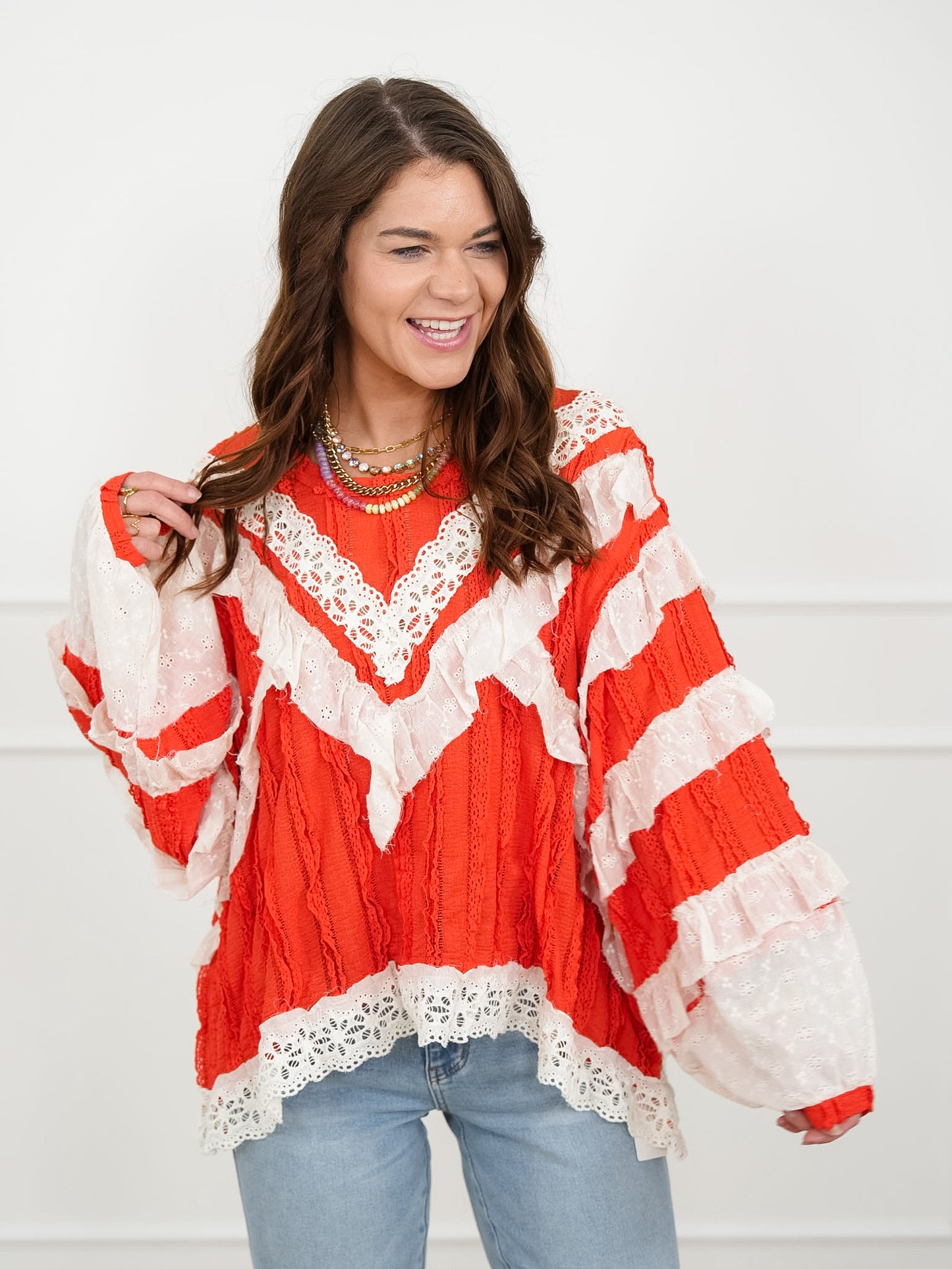 POL Long Sleeve Ruffle Top with Lace Trim