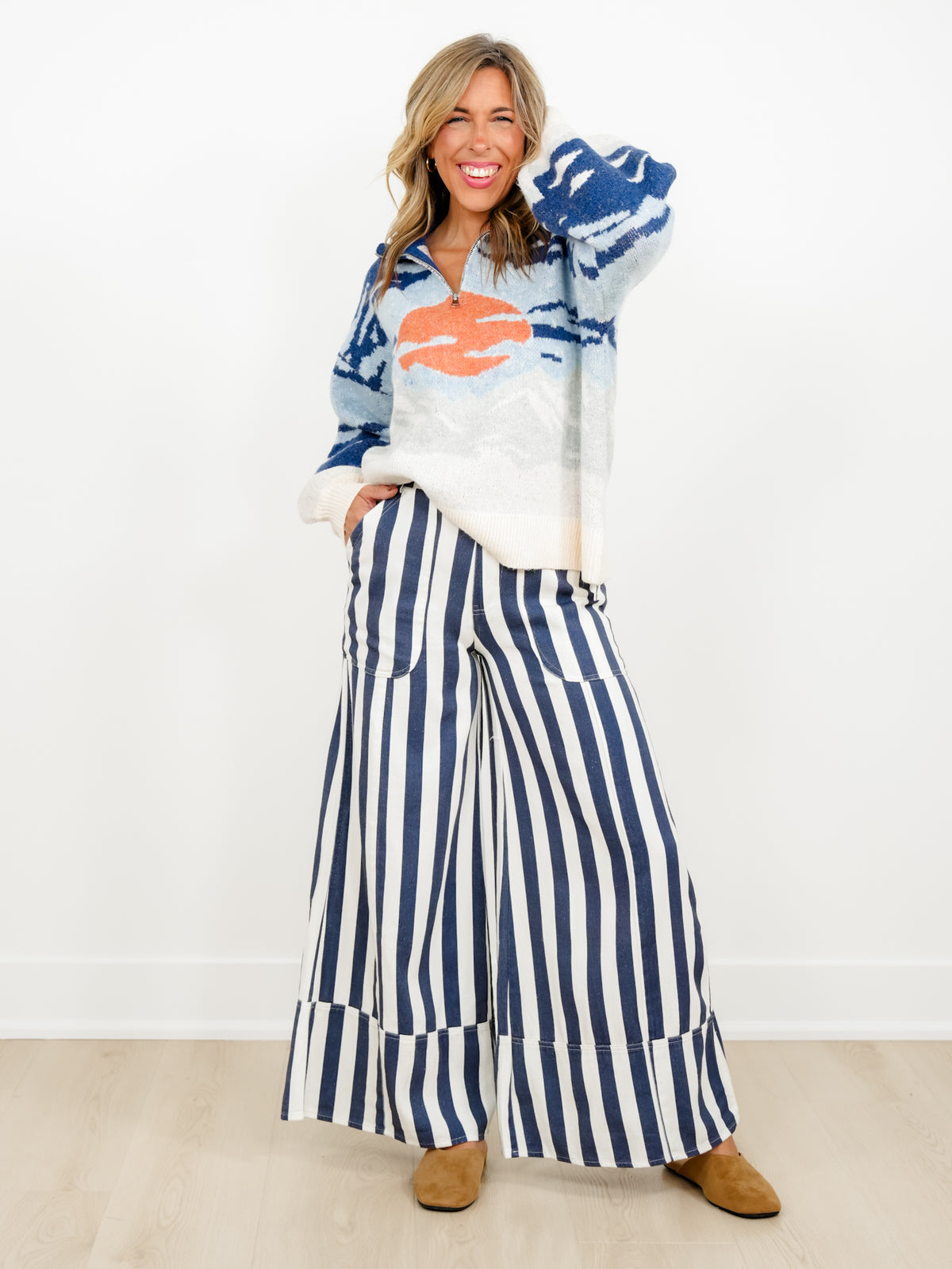 Plus/Reg Elastic Waist Striped Cuffed Wide Leg Pants