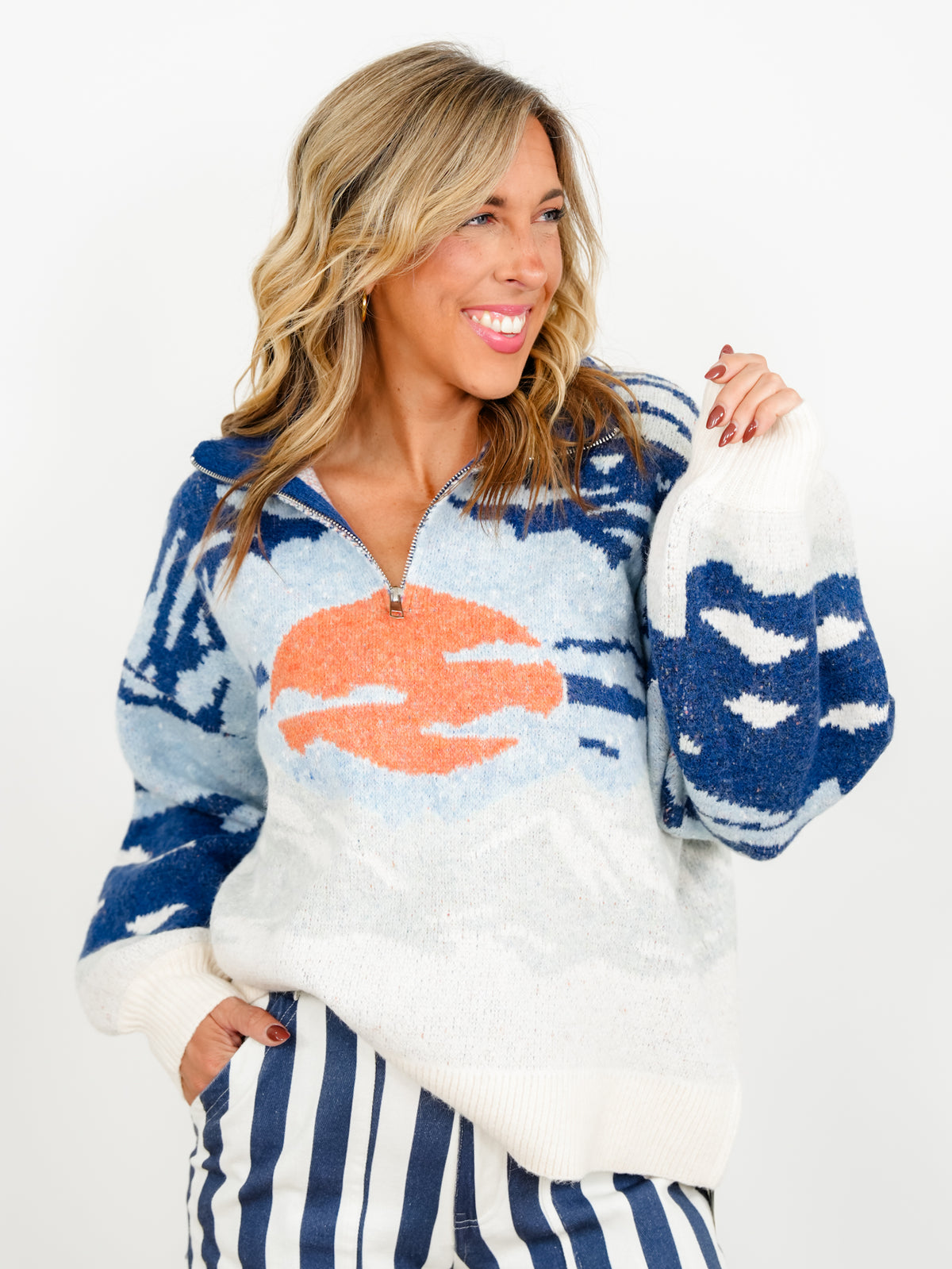 Plus/Reg Mountain Sunset Long Sleeve 1/4 Zip Sweater - Freckled Poppy