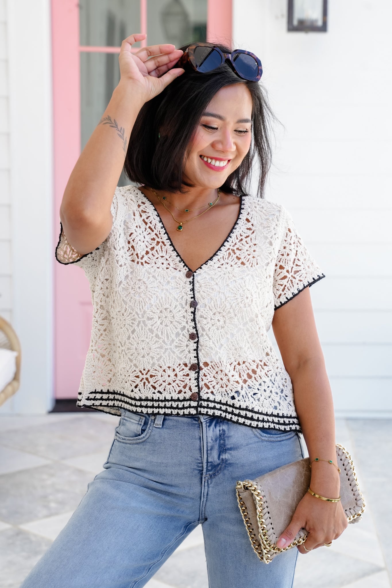 Crochet Short Sleeve V Neck Button Down Cardigan