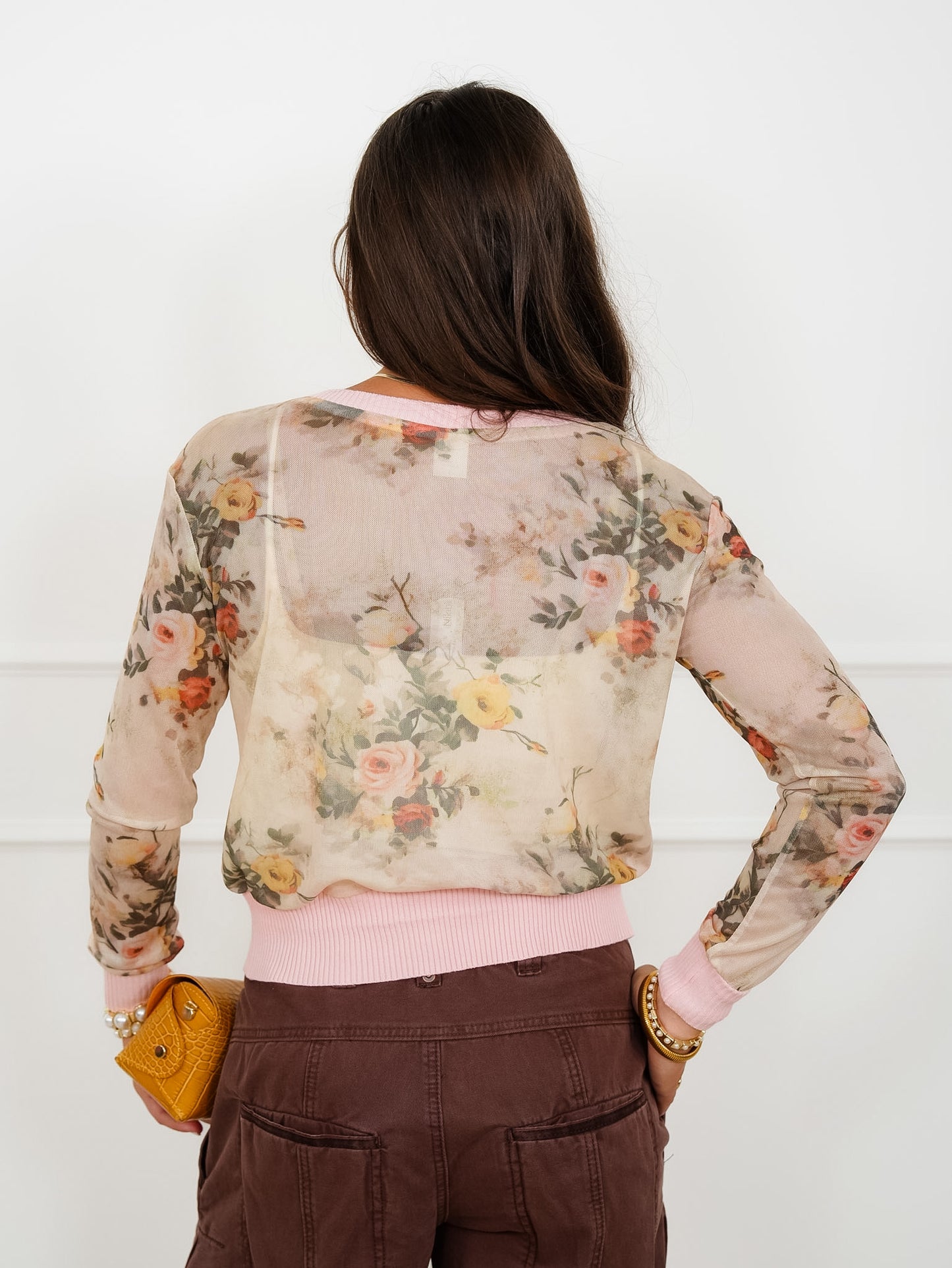 Plus/Reg Floral Mesh Long Sleeve Button Down Cardigan