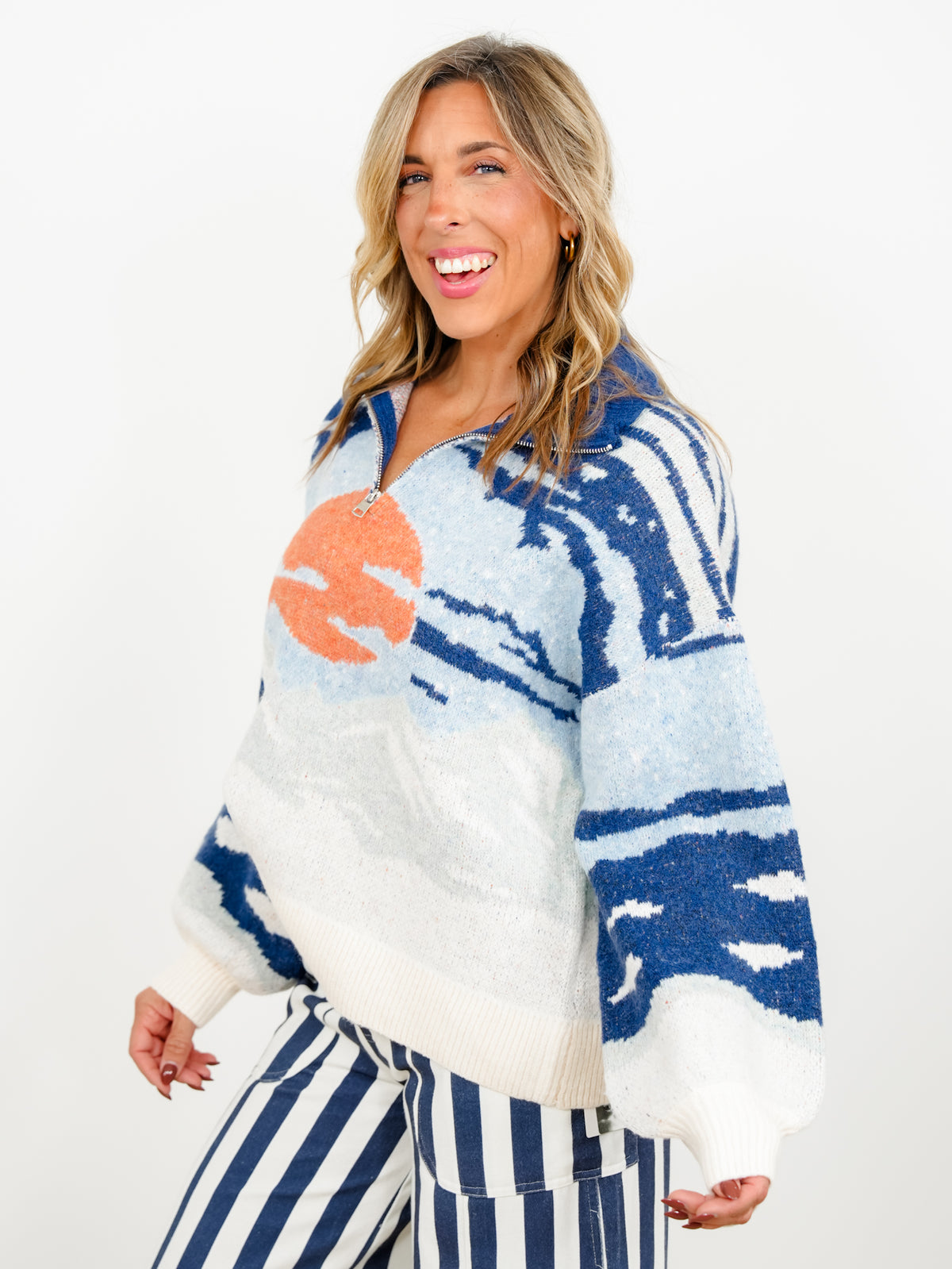Plus/Reg Mountain Sunset Long Sleeve 1/4 Zip Sweater - Freckled Poppy