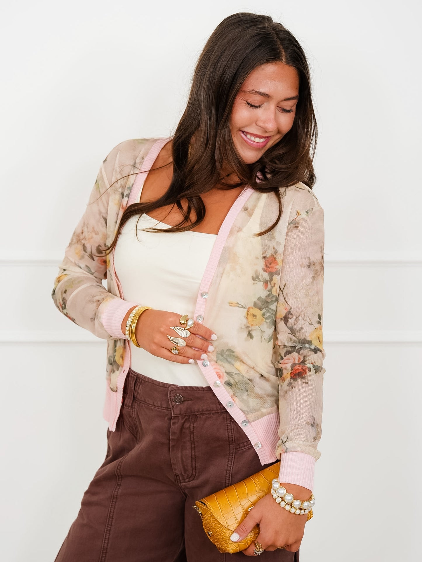 Plus/Reg Floral Mesh Long Sleeve Button Down Cardigan