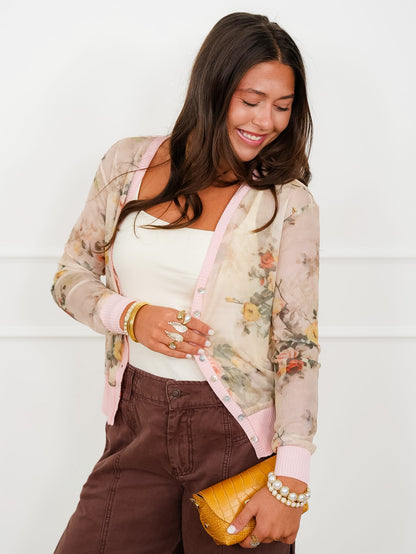 Plus/Reg Floral Mesh Long Sleeve Button Down Cardigan