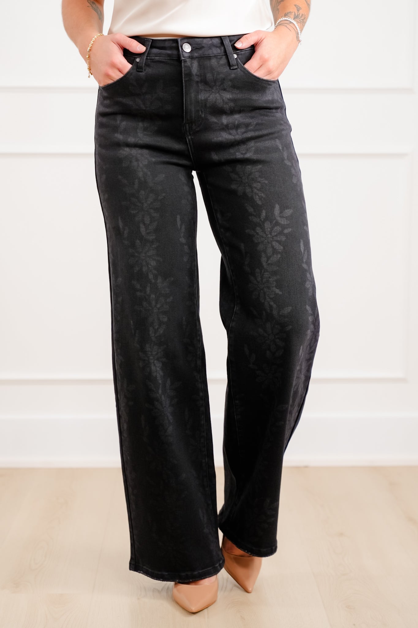 Daisy Print High Waist Wide Leg Jeans