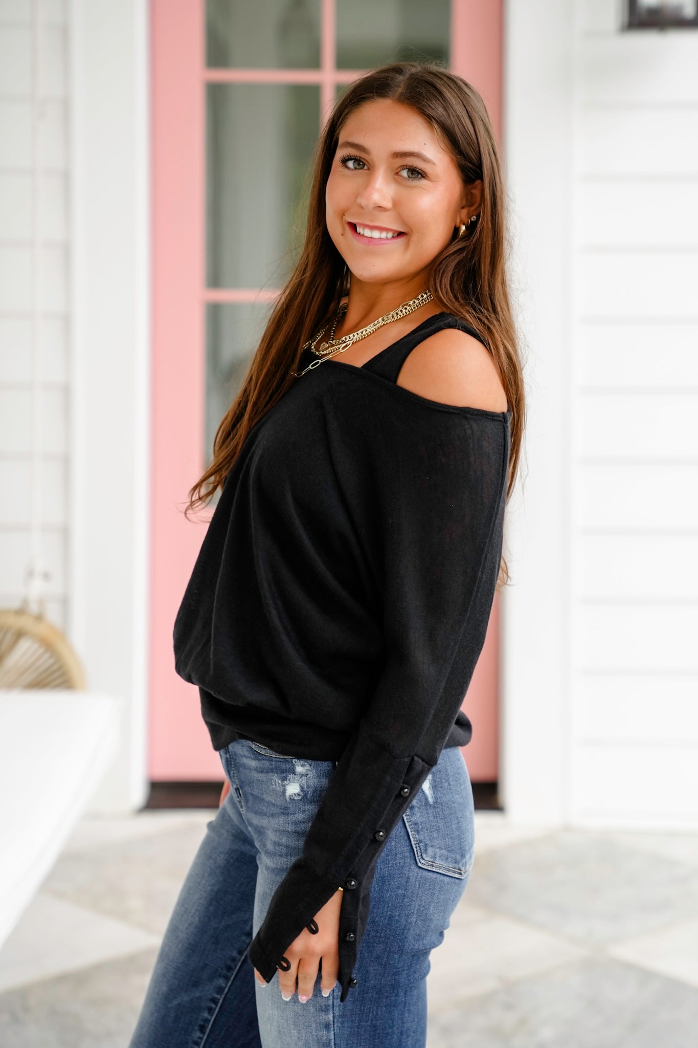 Plus/Reg Solid Long Sleeve V-Neck Built In Tank Top With Arm Button Detail