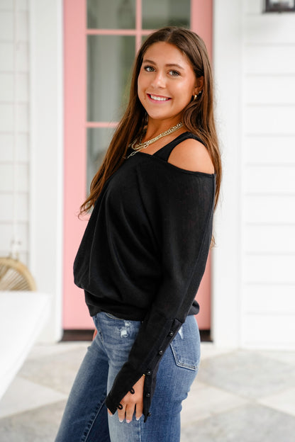 Plus/Reg Solid Long Sleeve V-Neck Built In Tank Top With Arm Button Detail