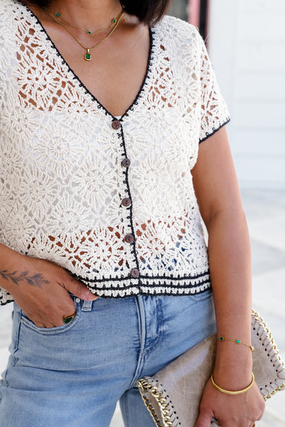 Crochet Short Sleeve V Neck Button Down Cardigan