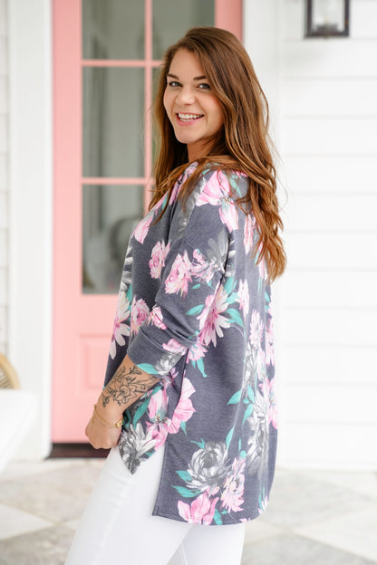 Plus/Reg Floral Print 3/4 Sleeve Round Neck Top