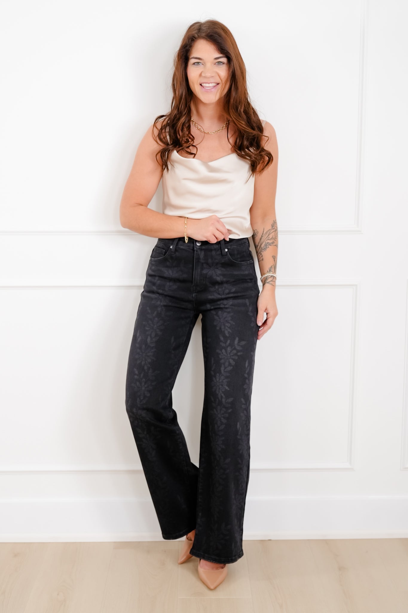 Daisy Print High Waist Wide Leg Jeans